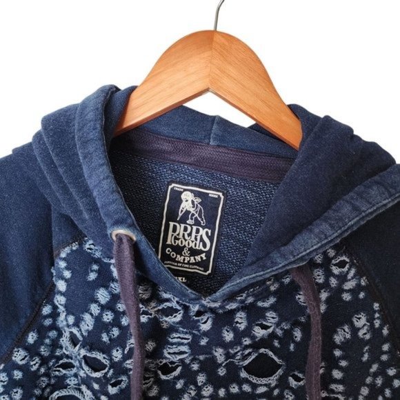 PRPS Goods Indigo Blue Distressed Hooded Sweatshirt 2XL Kangaroo Pocket Slim aci - Picture 9 of 16